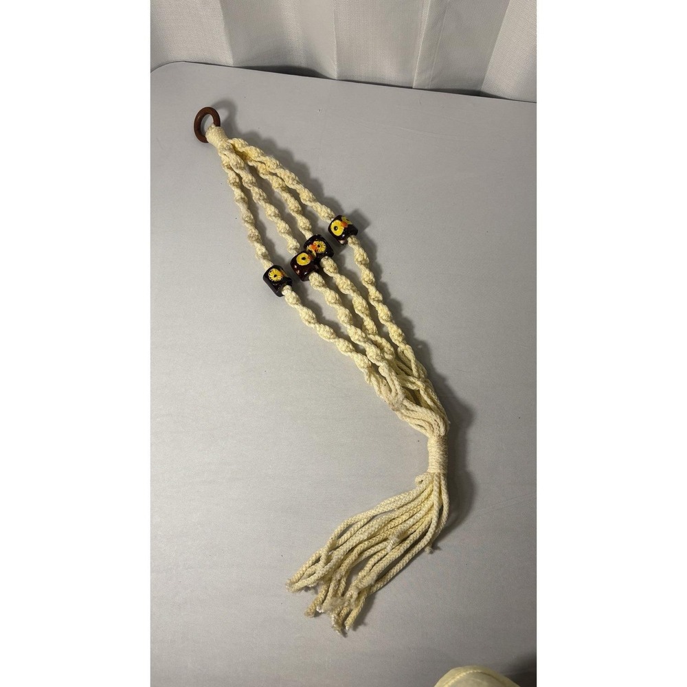 Vintage Ivory Macrame Plant Hanger Brown Ceramic Owl Beads Boho Retro 70s Style